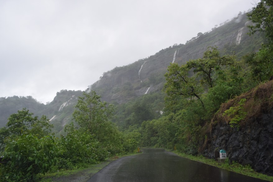 Mountain face with many falls