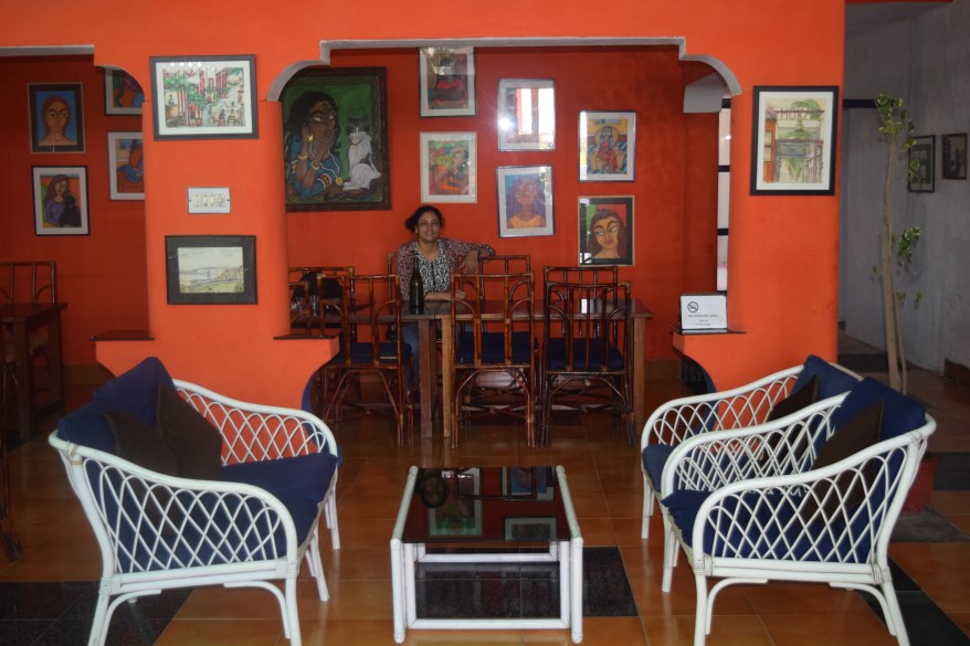 Blues, oranges, whites make it lively place....