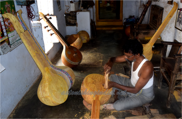 Veena instruments in various stages of making.